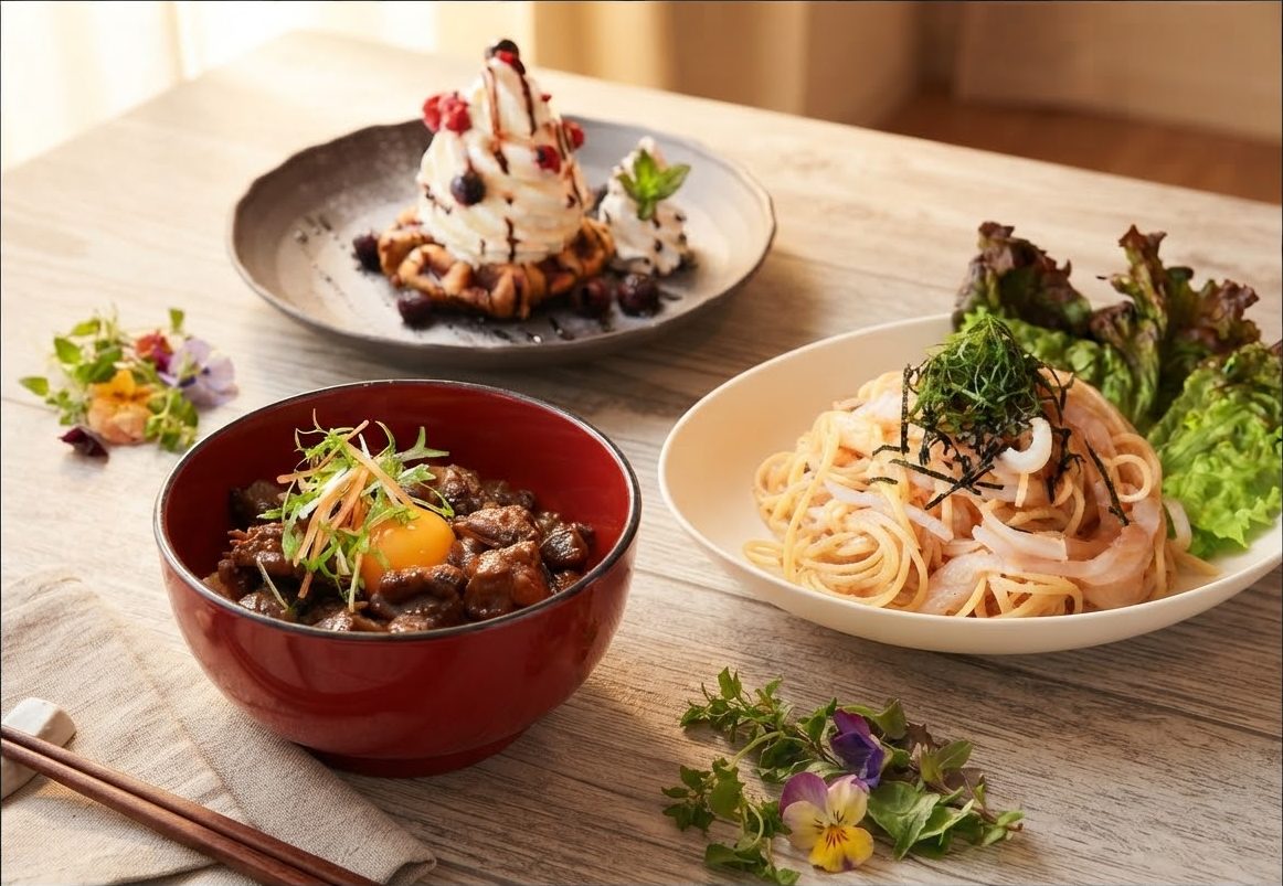 どて丼・イカ明太パスタ・あかがねワッフル